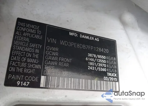 2015 Mercedes-Benz Sprinter 2500 High Roof z USA, uszkodzony, nr VIN WD3PE8DB7FP128420